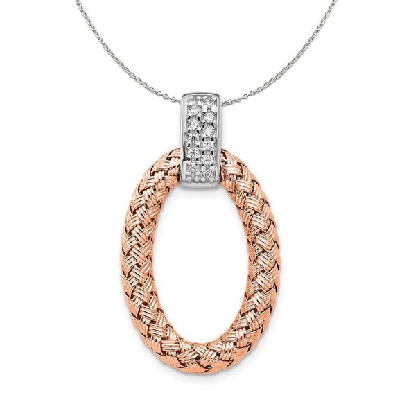 Rose Gold Tone Plated Silver & CZ Braided Oval Necklace - 24 In - Picture 1 of 8